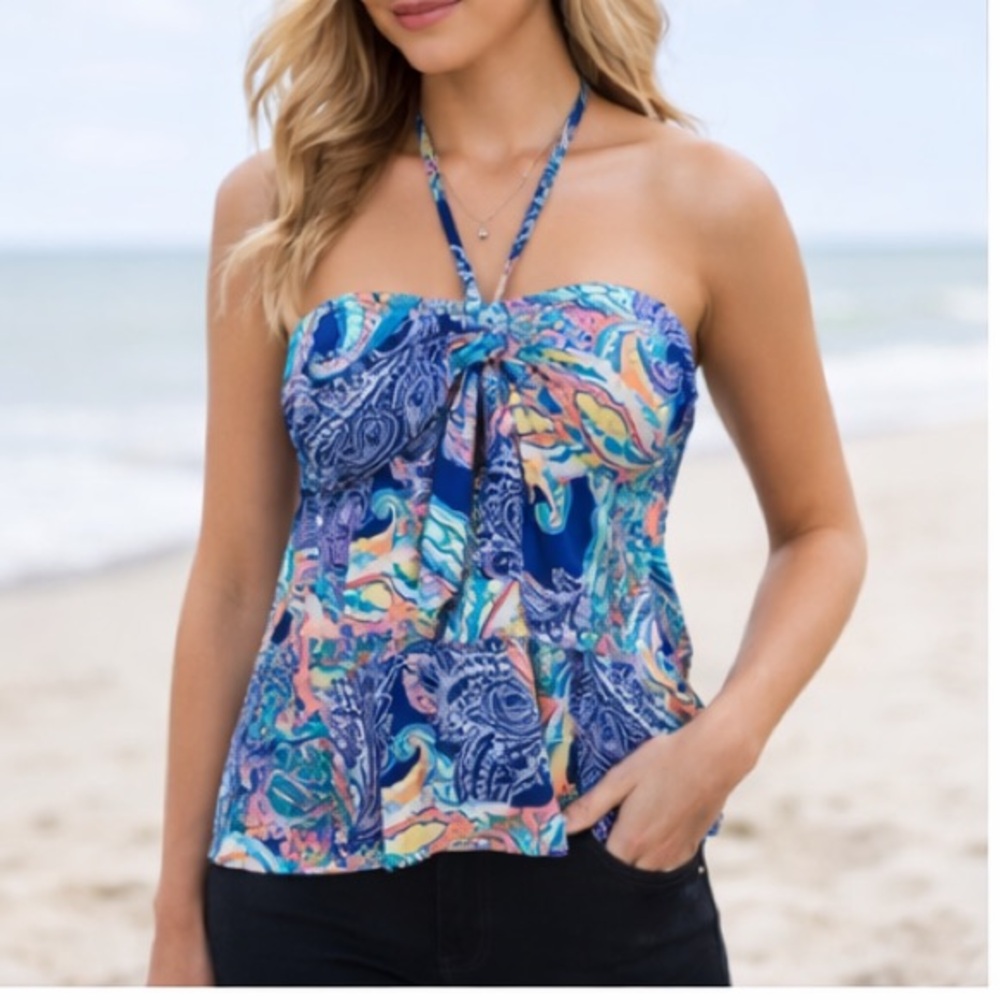 Blue Tankini Top Womens Small Halter Ruffle Swim Beach Vacation Swimwear